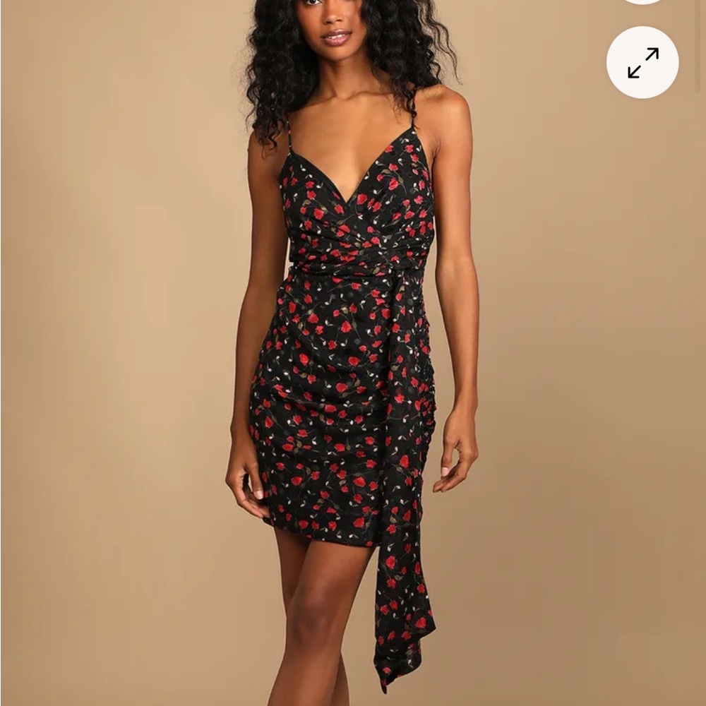Black Floral Jacquard Lace-Up Ruched Mini Dress